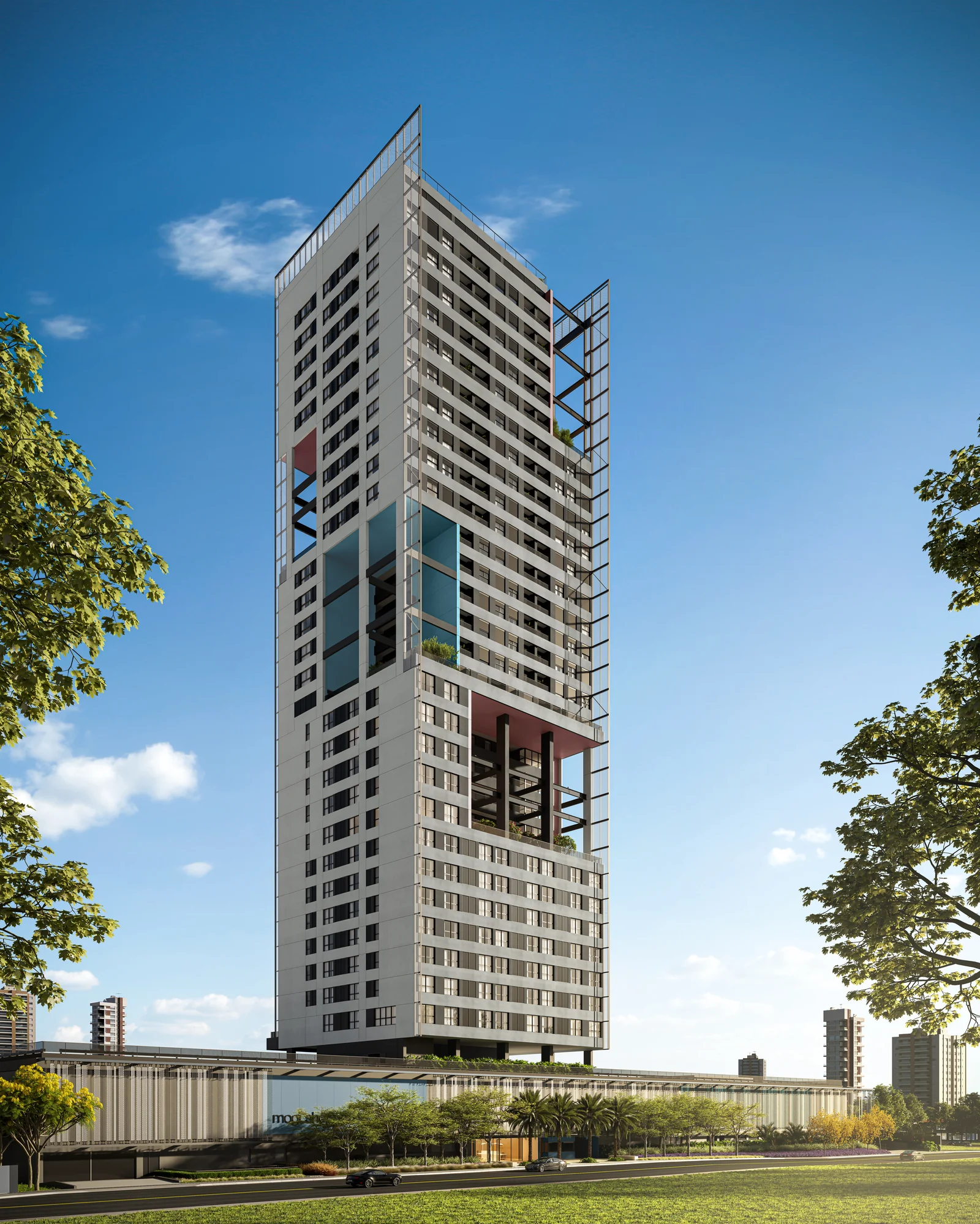Torre Helbor Neo Concept com a fachada do Mogi Shopping na base